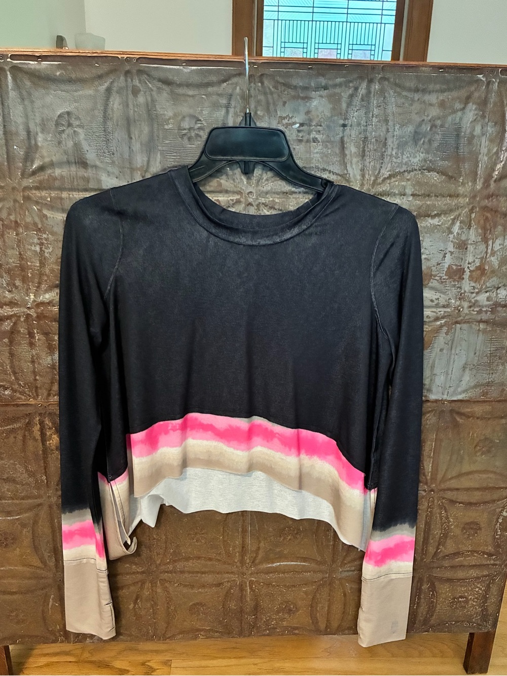 Free People. Women’s Black Long-Sleeve Cropped Top with Pink and Cream Stripe